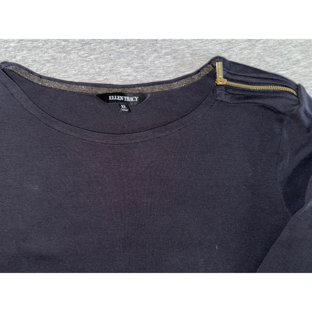 Ellen Tracy Womens Black Cotton 3/4 Sleeve Shoulder Zip Top Size XL Minimalist